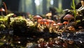 Autumn forest, foliage growth, macro green, freshness, toadstool beauty generated by AI