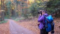Autumn in the forest. A girl is photographing a beautiful forest. Royalty Free Stock Photo