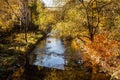 Autumn forest is intersected by a blue river