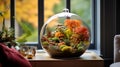 Autumn Forest Jar Terrarium Glass Sphere Table Display in Living Room, Generative AI Royalty Free Stock Photo