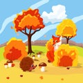 Autumn forest landscape with forest animals. Fox and hedgehog