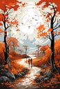 Autumn forest landscape. Colorful painting of fall season. Red and yellow trees. Beautiful leaves, pine trees Royalty Free Stock Photo