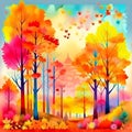 Autumn forest landscape. Colorful watercolor painting of fall season. Red, green and yellow trees Royalty Free Stock Photo