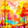 Autumn forest landscape. Colorful watercolor painting of fall season. Red, green and yellow trees Royalty Free Stock Photo