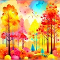 Autumn forest landscape. Colorful watercolor painting of fall season. Red, green and yellow trees Royalty Free Stock Photo