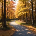 Autumn forest landscape. Gold color tree, red orange foliage in fall park. Nature change scene. Yellow wood in scenic Royalty Free Stock Photo