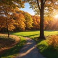 Autumn forest landscape. Gold color tree, red orange foliage in fall park. Nature change scene. Yellow wood in scenic Royalty Free Stock Photo