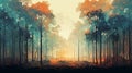 Orange Sunset Forest: Digital Painting Of A Mysterious Jungle