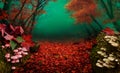 Autumn forest landscape with red fallen leaves Royalty Free Stock Photo