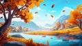 The Autumn forest and mountain nature modern cartoon landscape with falling leaves from the trees and a beautiful stream Royalty Free Stock Photo