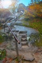 Autumn forest in the mountains and stairs in rock