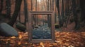 Autumn forest nature with mirror frame mockup. Vivid Sunset in a colorful forest with sun light through branches of