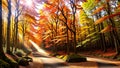 Autumn forest nature. Vivid morning in colorful forest with sun rays through branches of trees Royalty Free Stock Photo