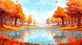 Autumn forest panorama with falling leaves and sunlight reflected in crystal water with a clear lake under orange trees Royalty Free Stock Photo