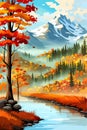 autumn in the forest, park, river stream, fall leaves color on the background of mountains Royalty Free Stock Photo