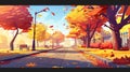 Autumn forest park road street cartoon landscape. Garden scenery walkway illustration in autumn season. Orange public Royalty Free Stock Photo