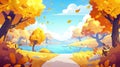 An autumn forest with a path leading to a blue lake. Modern cartoon illustration of a sunny day in woodland with yellow Royalty Free Stock Photo