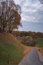 Autumn forest path. Orange color tree, red brown maple leaves in fall city park Royalty Free Stock Photo