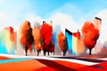 Autumn forest rainbow colorful colors. Style modernism. Artistic effect of painting with paints. Digital illustration