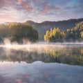 Autumn forest reflected in water. Colorful autumn morning in the mountains. Colourful autumn morning in mountain lake Foggy autumn Royalty Free Stock Photo