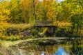 Autumn forest reflection landscape. Forest, pond, & foot bridge Royalty Free Stock Photo