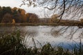Autumn forest and river against the blue sky Royalty Free Stock Photo