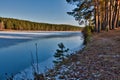 autumn forest on the river bank. frozen river in the winter forest. ice and snow on the river Royalty Free Stock Photo