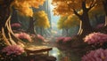 autumn forest with river illustrated background