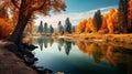 Autumn forest river in nature panorama. beautiful Forest river in autumn nature AI generated Royalty Free Stock Photo