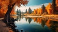 Autumn forest river reflection in nature panorama. Forest river in autumn nature AI generated Royalty Free Stock Photo