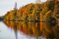 Autumn forest and river Vienne near medieval castle of Les Ormes, France Royalty Free Stock Photo