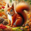 An autumn forest scene with cute squirrel, small round of the fur and the eyes, fruits arounds, acrylic painting art