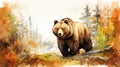 Autumn forest scene with majestic brown bear. Wall art wallpaper