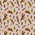 Autumn forest seamless pattern. Black line hand drawn scandinavian style branch, acorn and mushrooms. Scandi design, kids nursery