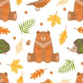 Autumn Forest Seamless Pattern, Colorful Fall Leaves and Wild Woodland Bear Anima Cartoon Vector Illustration Royalty Free Stock Photo