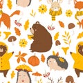 Autumn forest seamless pattern with cute animals Royalty Free Stock Photo