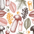 Autumn forest seamless pattern. Vintage background with red-cap bolete - Aspen mushroom and hand drawn leaves. Perfect for banner