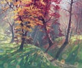 Autumn forest with sunlight painting landscape, oil on canvas art, beautiful nature park artwork illustration, colorful garden