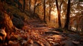 Autumn Forest Trail at Sunset Royalty Free Stock Photo