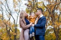 Autumn forest walk with the son family Royalty Free Stock Photo