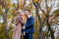 Autumn forest walk with the son family Royalty Free Stock Photo