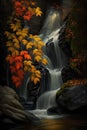 Autumn forest waterfall with colorful leaves, 3d rendering. Computer digital drawing. Royalty Free Stock Photo