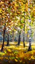 Autumn forest, white birch trees in autumn forest, golden autumn, orange autumn nature. Road in the autumn forest. Green meadow gr