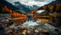 Autumn forest, yellow leaves, mountain reflection, sunglasses, nature beauty generated by AI