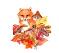 Autumn fox in fall, mushrooms, forest plants, autumn yellow leaves. Fall bouquet and cute animal design. Watercolor