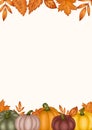 Autumn frame blank pumpkins and leaves, thanksgiving card empty vertical template