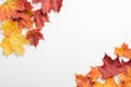 Autumn frame border of red and yellow maple leaves on white table. Autumn background. Fall, thanksgiving, harvest concept Royalty Free Stock Photo