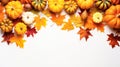 Autumn frame. Colorful maple leaves and pumpkins on white background. Flat lay, top view, copy space. Autumn fall, harvest, Royalty Free Stock Photo