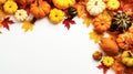 Autumn frame. Colorful maple leaves and pumpkins on white background. Flat lay, top view, copy space. Autumn fall, harvest, Royalty Free Stock Photo