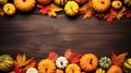 Autumn frame. Colorful maple leaves and pumpkins on wooden background. Flat lay, top view, copy space. Autumn fall, harvest, Royalty Free Stock Photo